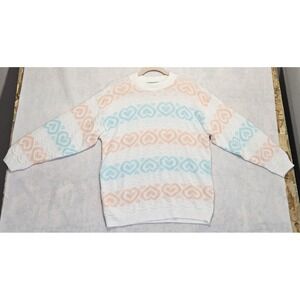 Vtg 80s Sweater Womens Sz M Precious Knits White Pink Blue Heart Made In USA